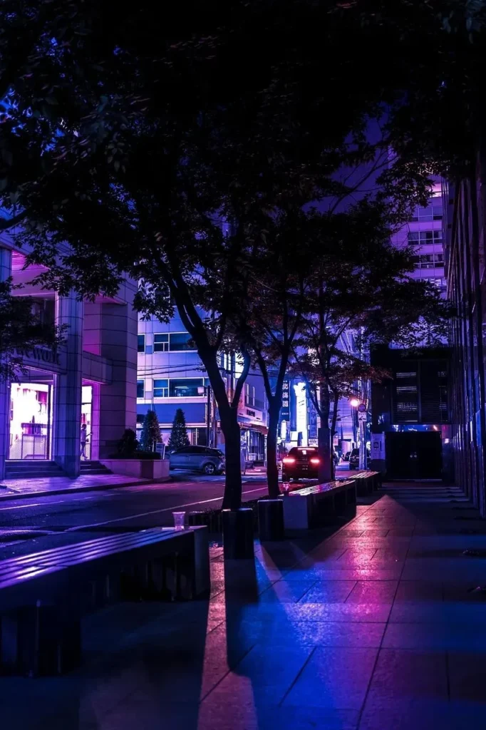 The streets of Sydney glowing with purple light