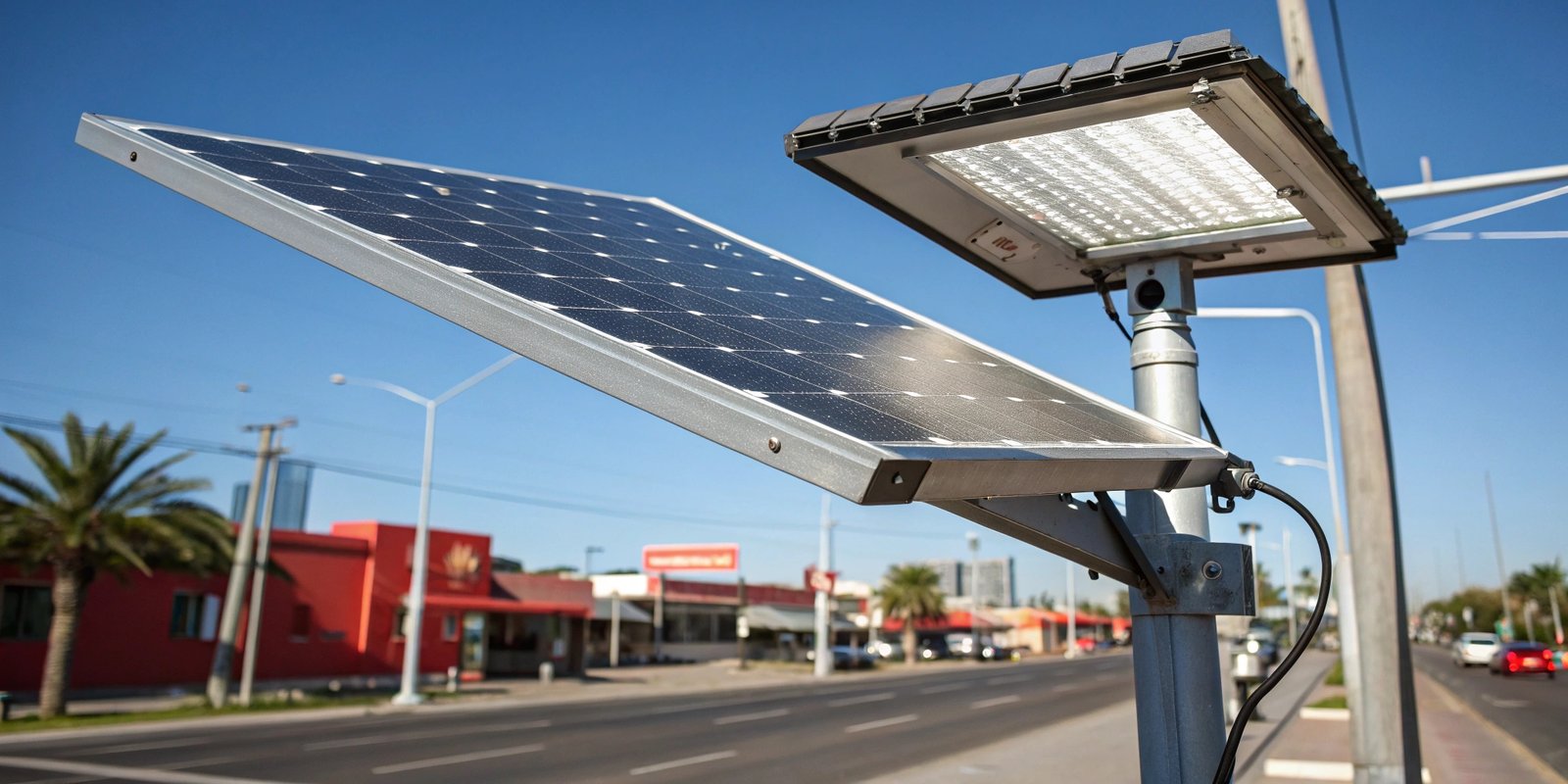 Close-up of a monocrystalline solar panel powering an LED streetlight in a sunny urban area.