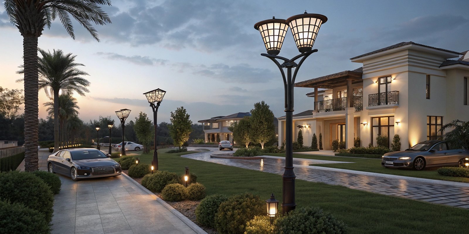 Luxurious villa community illuminated by elegant solar-powered streetlights at twilight.