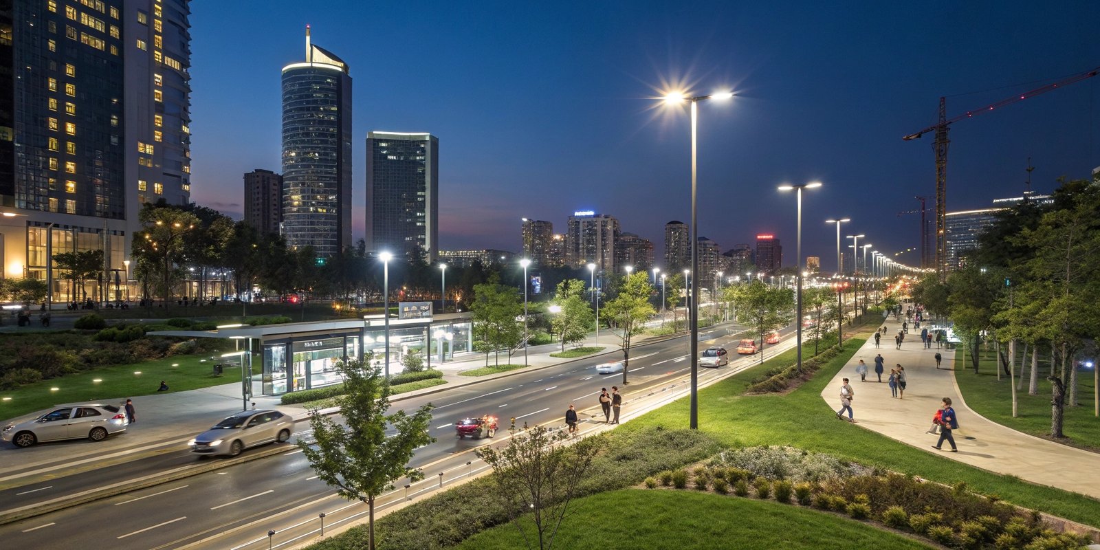 Vibrant cityscape at night illuminated by modern streetlights, showcasing urban energy and sustainability.