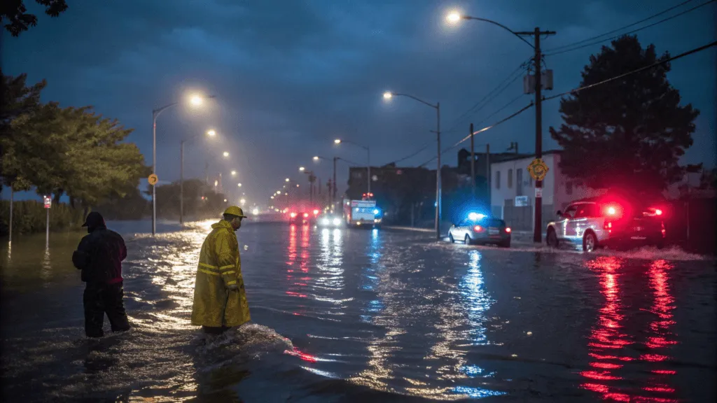 flood-resistant waterproof solar street light operating on a rain-soaked urban road