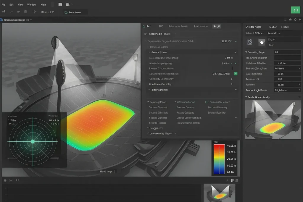DIALux lighting simulation report showing false color rendering for high mast project