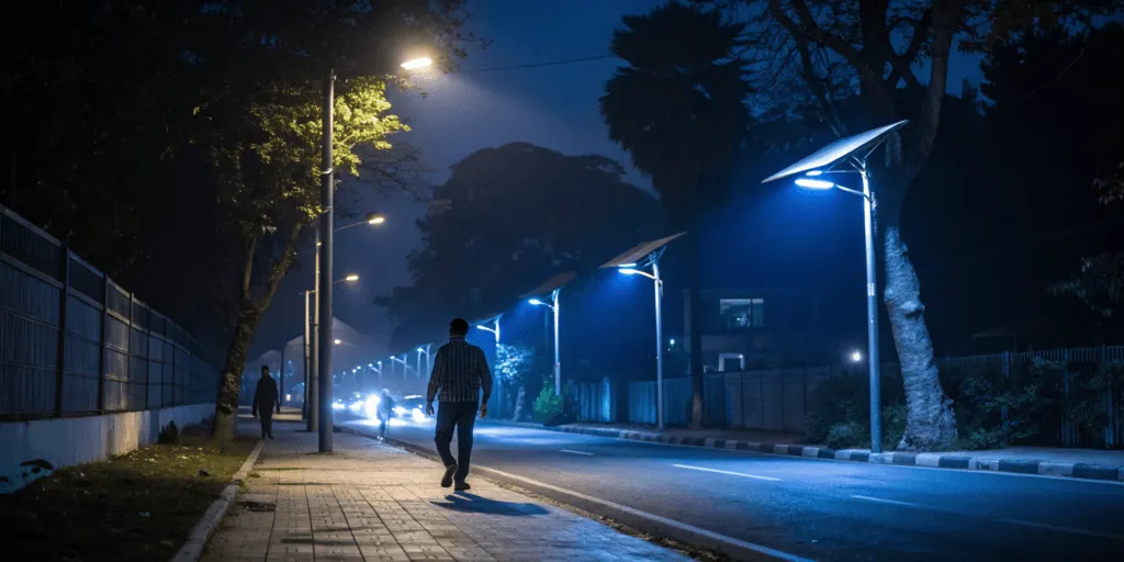 waterproof solar street lights installed on a night road with emphasis on weather-resistant outdoor use