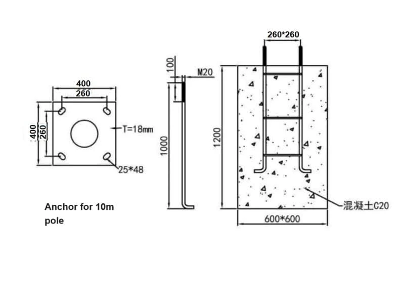 Pole and foundation drawing placeholder for solar street light showing anchor bolt template base plate dimensions wind load notes and corrosion protection