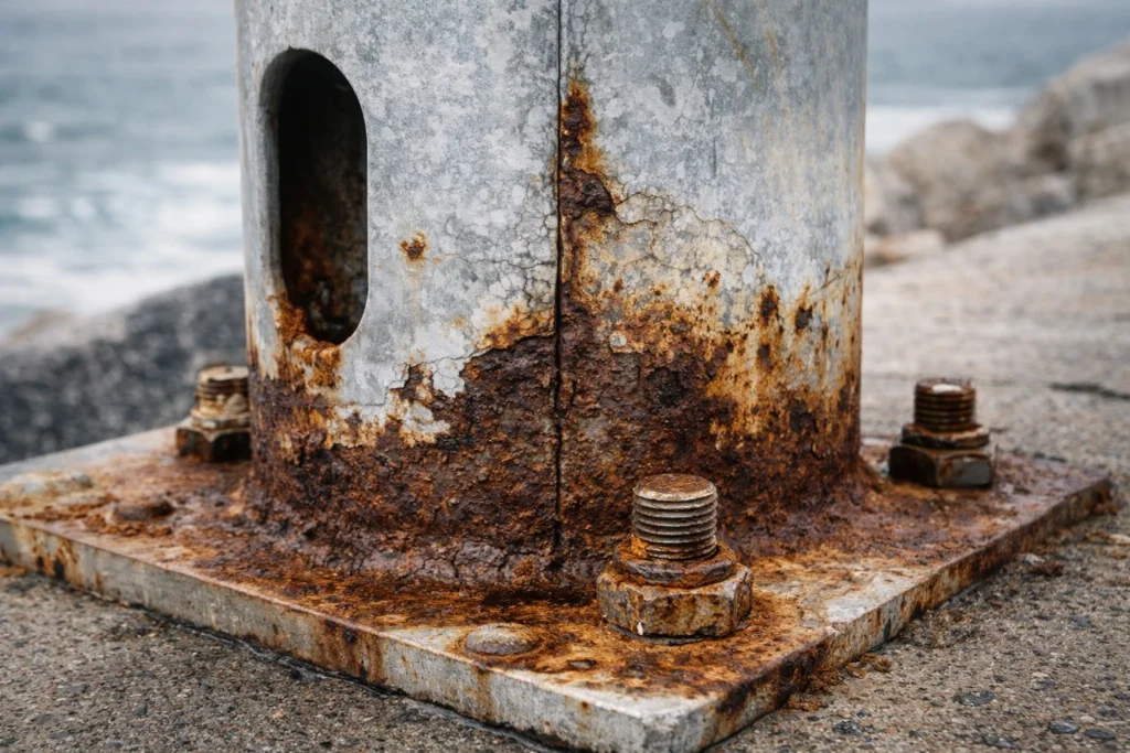 Corrosion damage on a galvanized lighting pole in a coastal environment