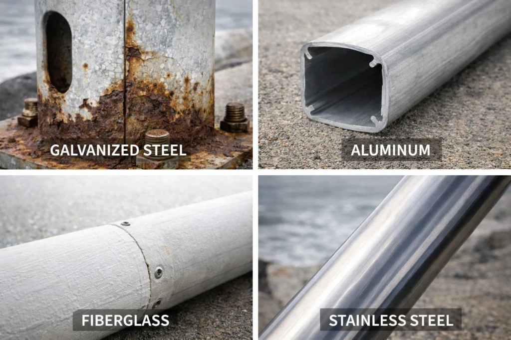 Comparison of galvanized steel aluminum fiberglass and stainless steel poles for coastal projects
