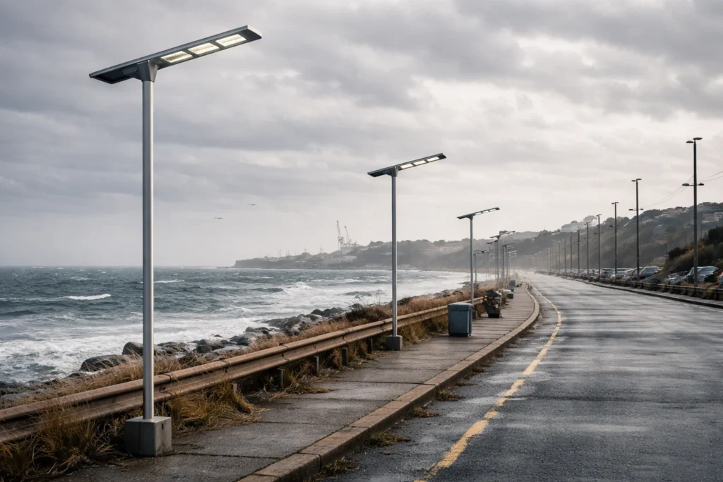 Galvanized lighting pole installed in a coastal outdoor environment