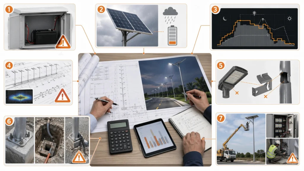 Solar street light hidden cost risks including battery sizing panel margin maintenance and installation review