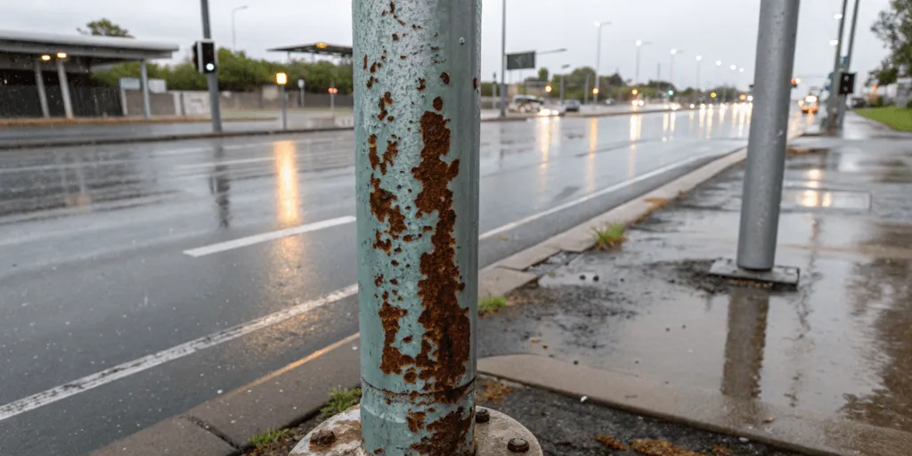 Outdoor metal pole coating failure example for project surface treatment review