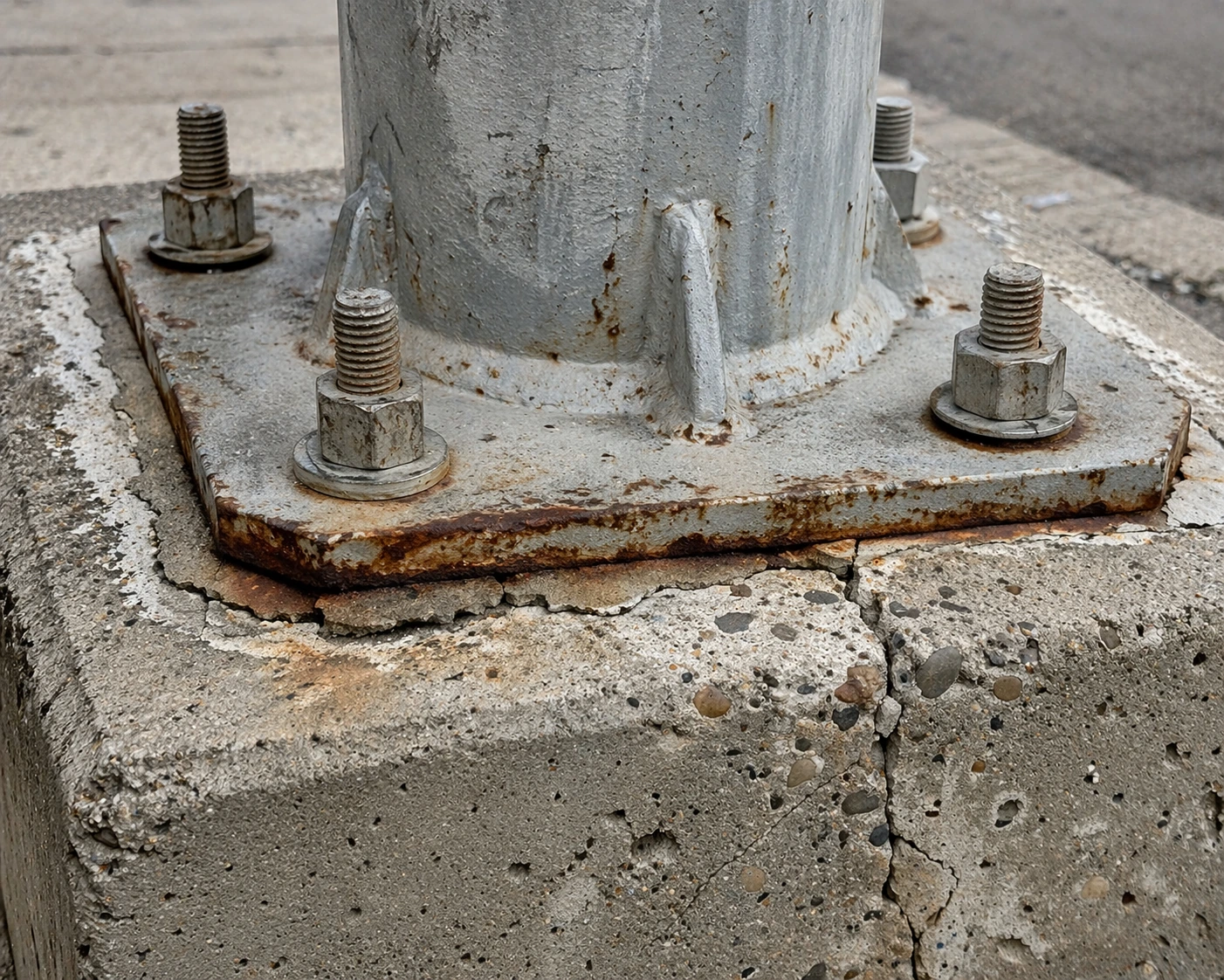 Anchor bolt and base plate foundation detail for street lighting pole installation