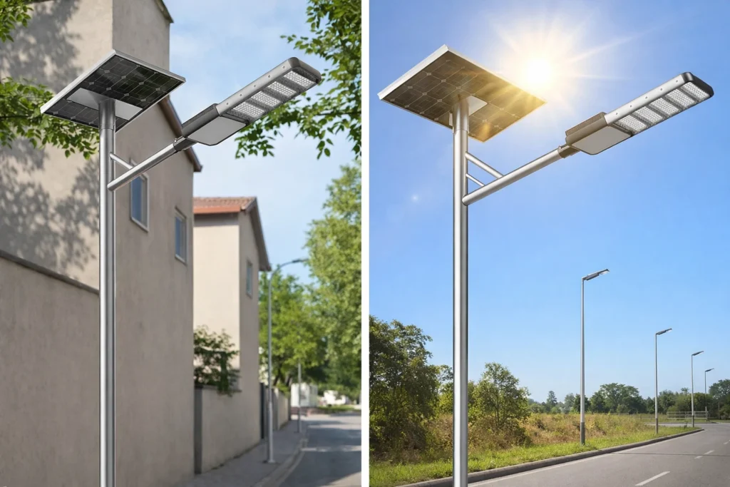 correct and incorrect installation angle comparison for all-in-one solar street lights
