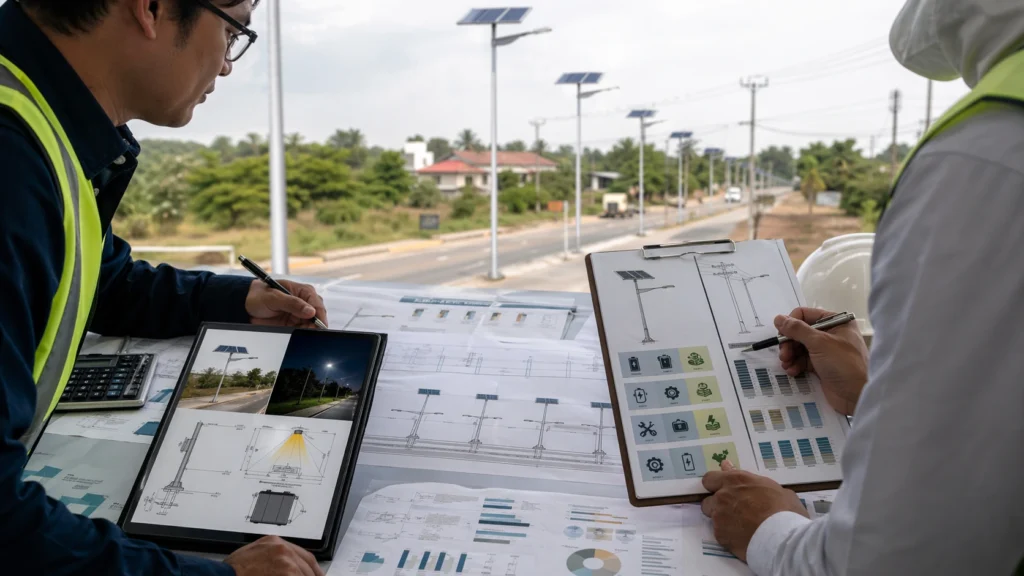 Engineer reviewing solar street light life-cycle cost evaluation documents for a road lighting project