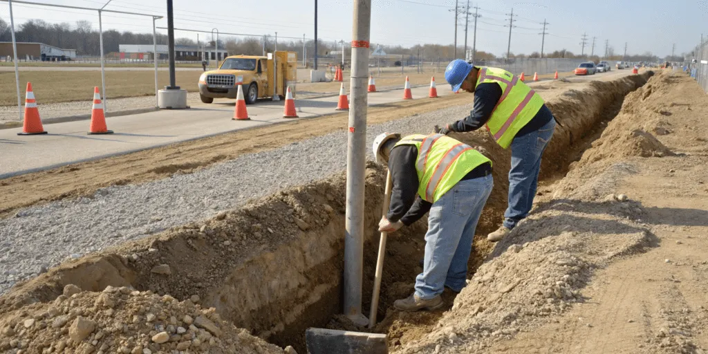 Image Placeholder: Technician checking galvanized pole with minimal wear