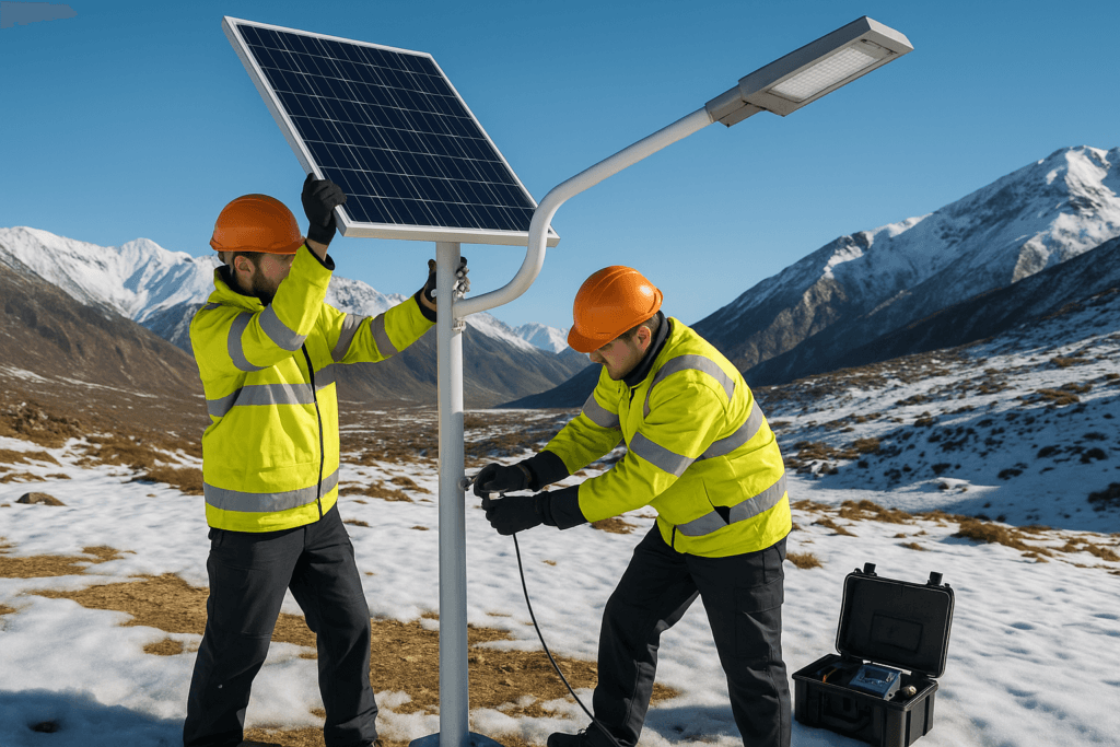 Workers installing solar street light in snowy mountains