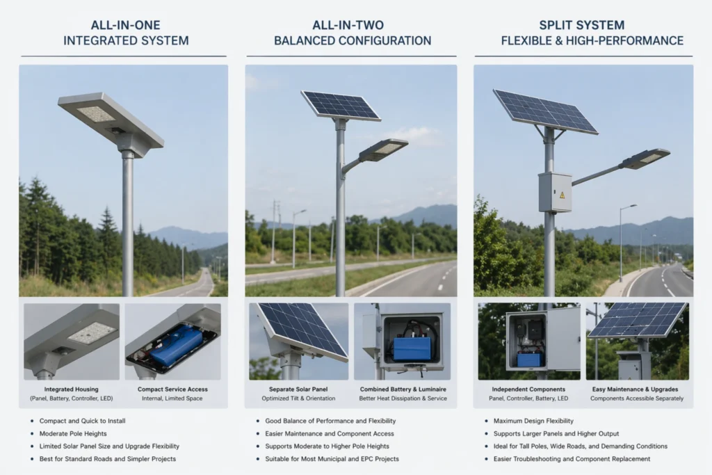 Comparison of all-in-one all-in-two and split solar street light systems