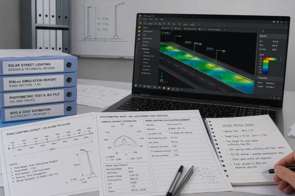 DIALux solar street lighting review documents with road layout photometric data and technical design notes