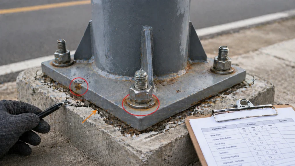 Close-up inspection of lighting pole base plate anchor bolts washers grout ring and early corrosion signs