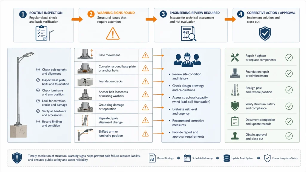 Lighting pole maintenance escalation checklist from routine inspection to engineering review