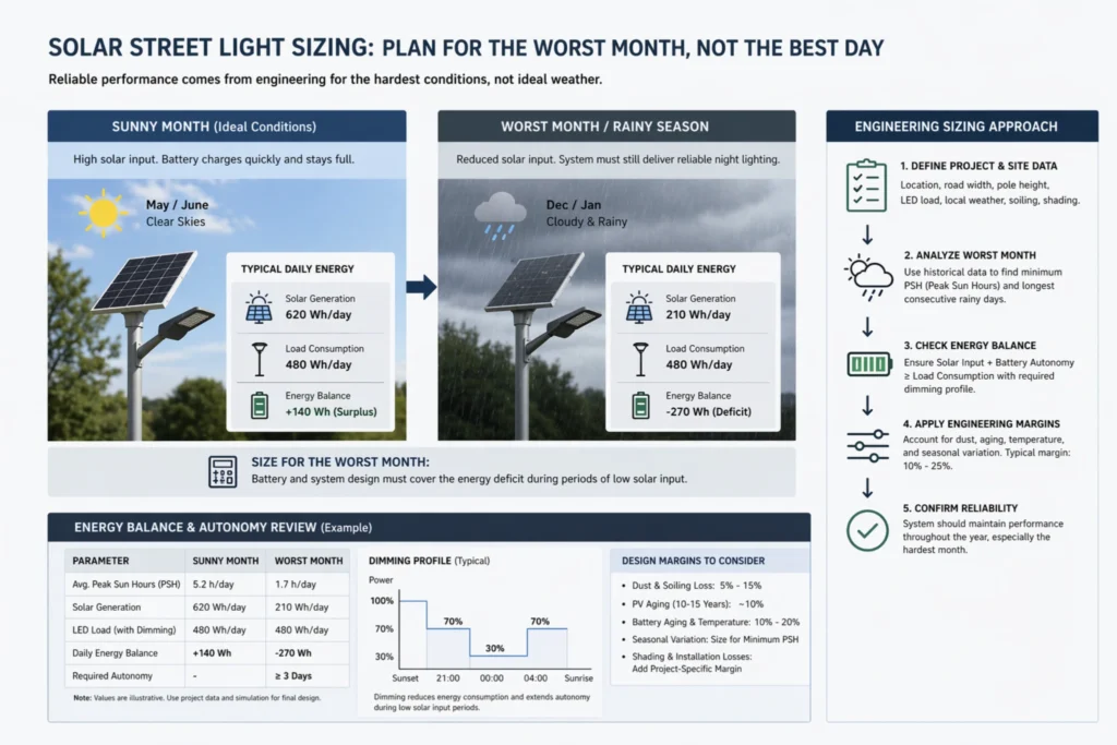 Solar street light sizing infographic showing worst month rainy season planning and energy balance review