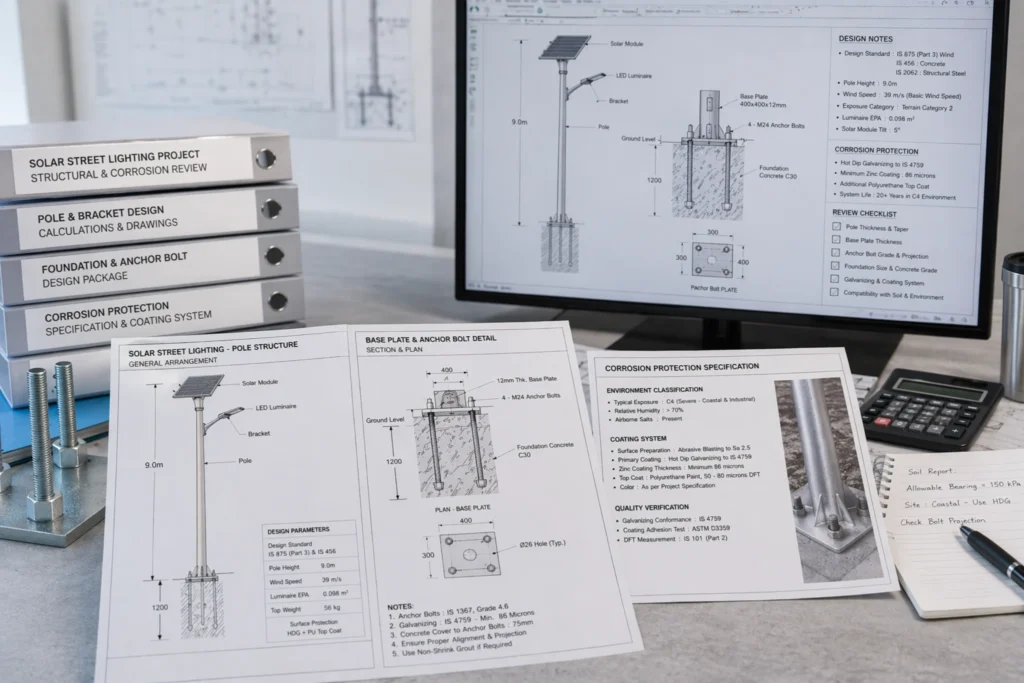 Solar street light structural and corrosion review documents with pole drawing anchor bolt detail and coating specification