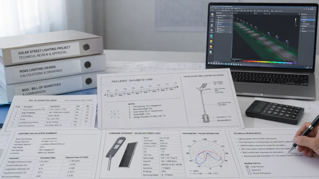 Solar street lighting technical review documents with BOQ drawings photometric data and lighting simulation
