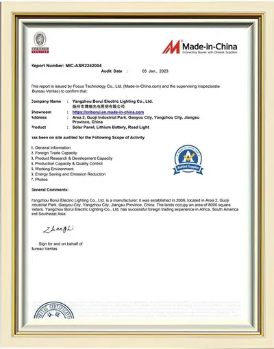 BV certification reference for Sunlurio lighting manufacturing review