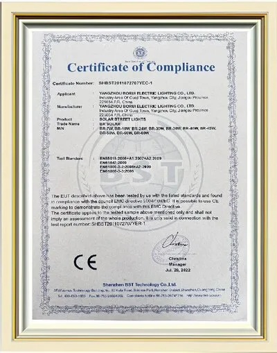 CE certification reference for selected Sunlurio lighting products