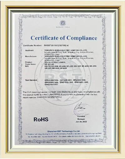 RoHS compliance document reference for applicable lighting product configuration