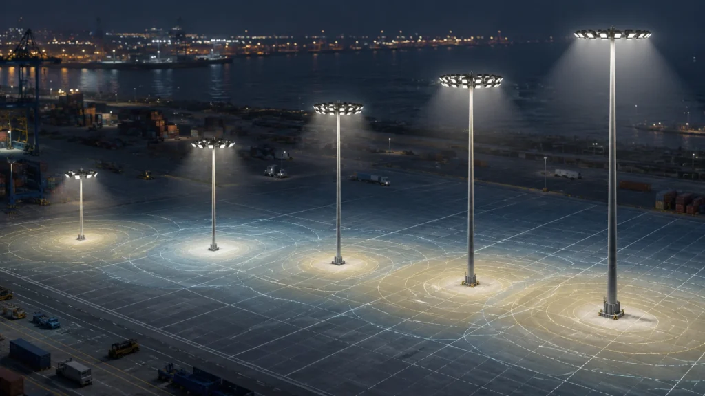 High mast lighting coverage and fixture quantity planning for poles yards ports and DIALux review