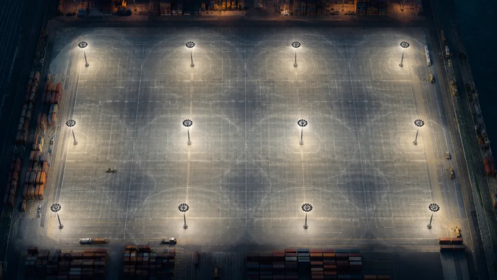 High mast lighting pole spacing and coverage layout for large outdoor area
