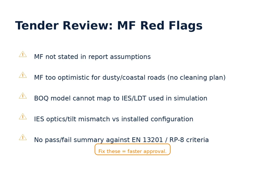 tender review MF red flags BOQ mapping IES mismatch assumptions missing