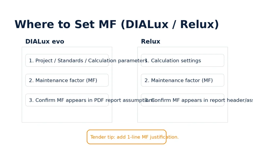 where to set maintenance factor MF in DIALux evo and Relux steps