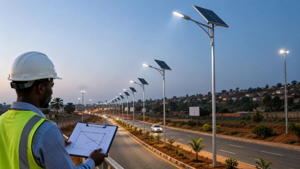 Uganda solar street lighting EPC municipal project review with poles road layout and engineering documents