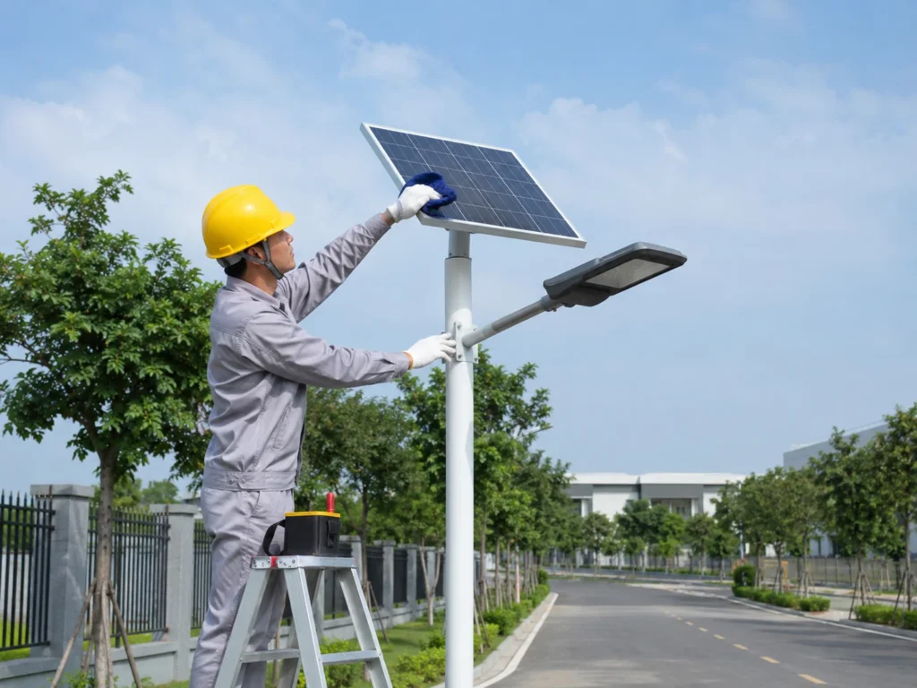 Cleaning a solar panel and checking a rechargeable battery for solar light troubleshooting