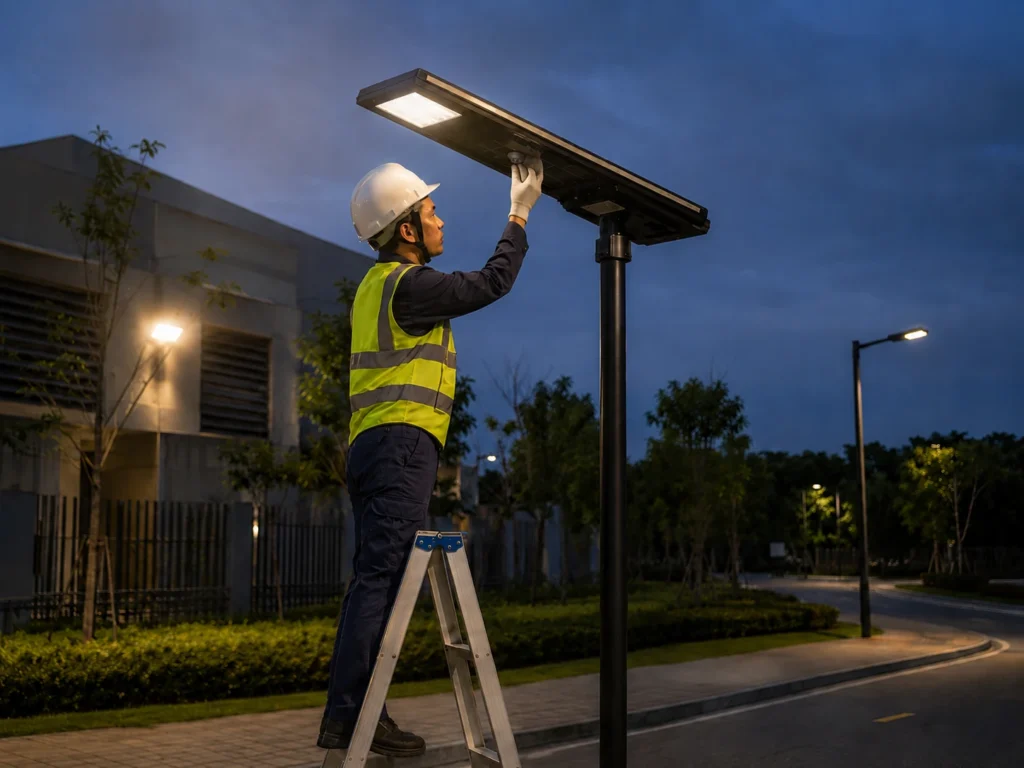 Testing a solar light sensor at dusk to check automatic night operation