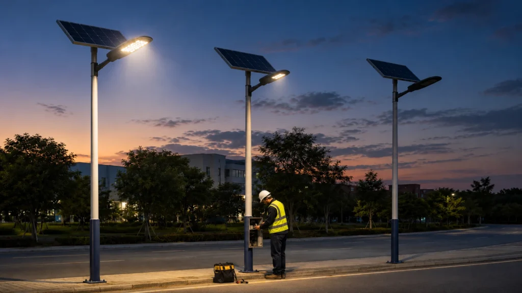 Different solar street light symptoms checked during roadside troubleshooting