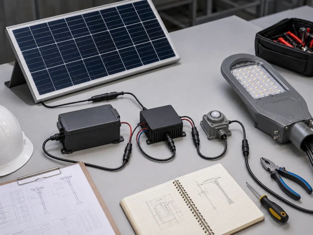 Solar light system components including panel battery controller sensor and LED