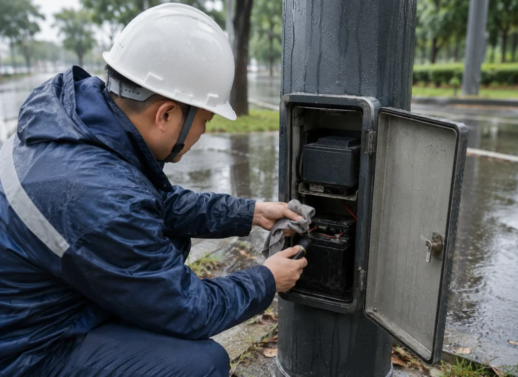 Checking water ingress and corrosion inside a solar light battery compartment