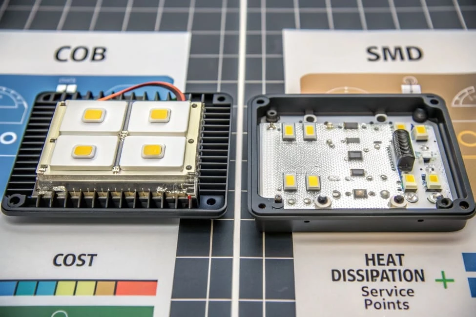 Close-up photo of SMD LED street light module with multiple LED packages on PCB and secondary lenses for roadway distribution