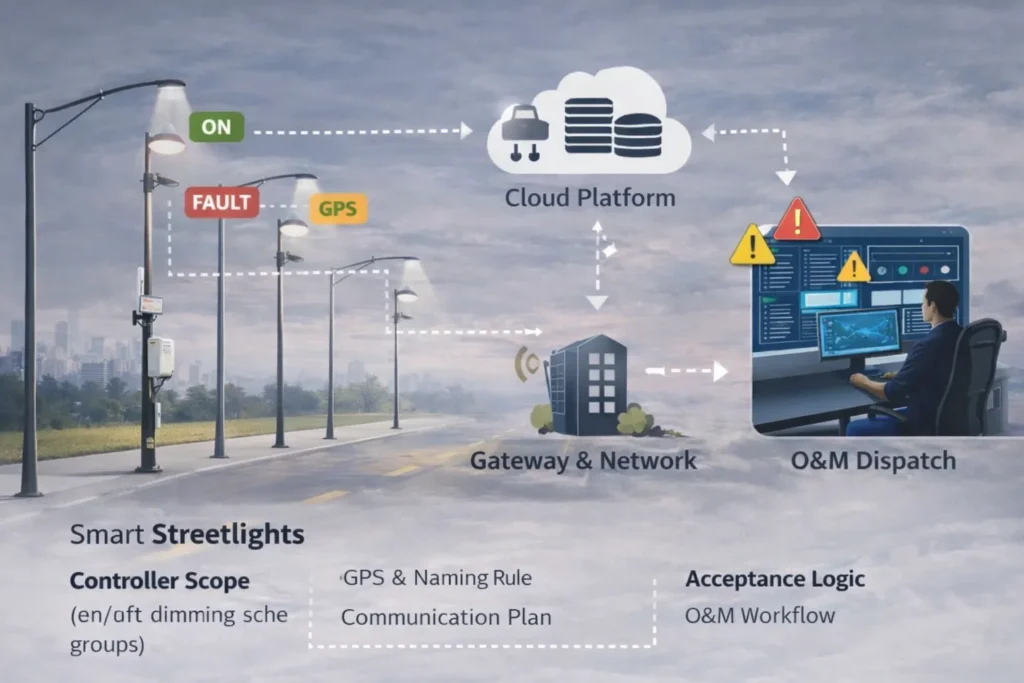 Smart street lighting system architecture diagram showing controllers, network gateway, cloud platform, and monitoring dashboard
