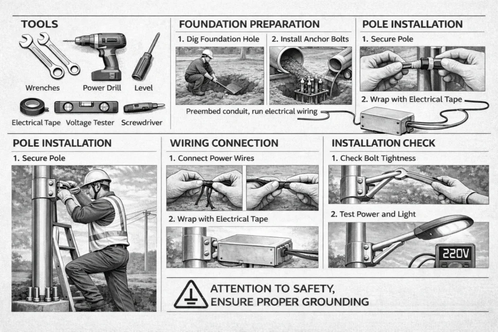 Street light installation checklist infographic showing tools, foundation preparation, wiring connection, and final installation checks