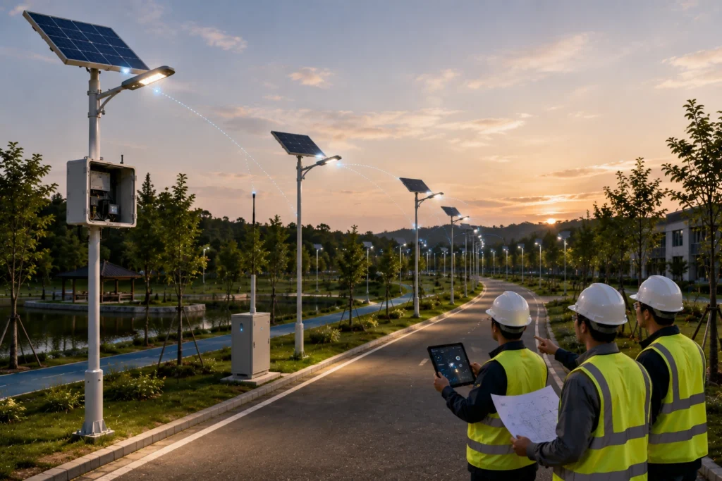 Twenty smart solar street lights on a park road for communication control option review