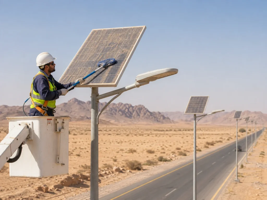 Cleaning dust from a solar street light panel in a desert road lighting project