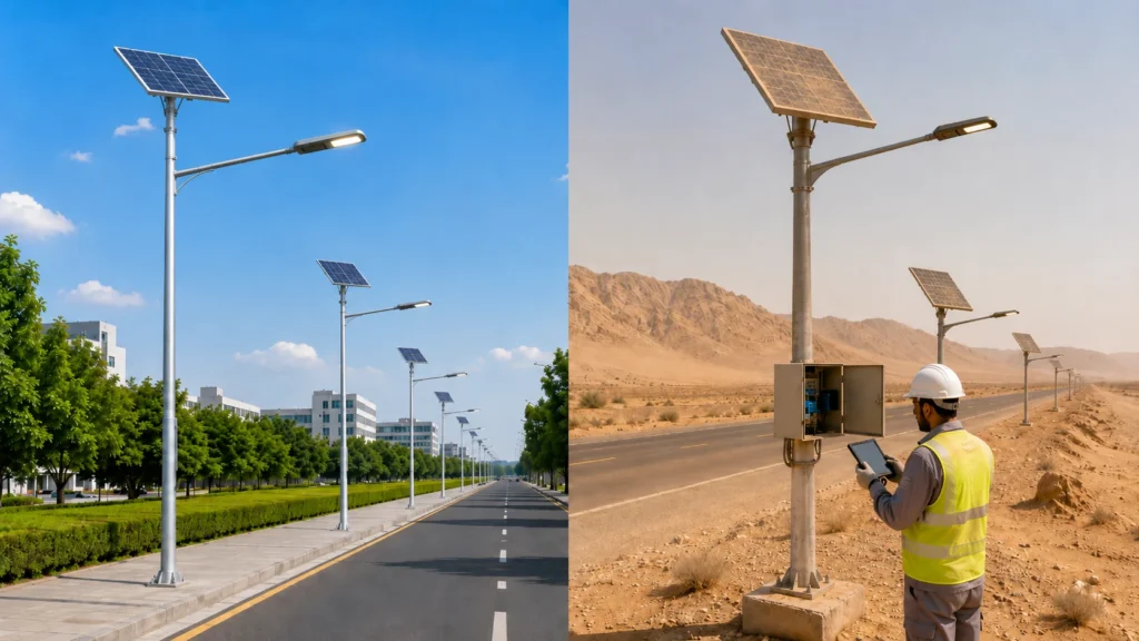 Comparison of solar street light maintenance requirements in mild urban and desert climates