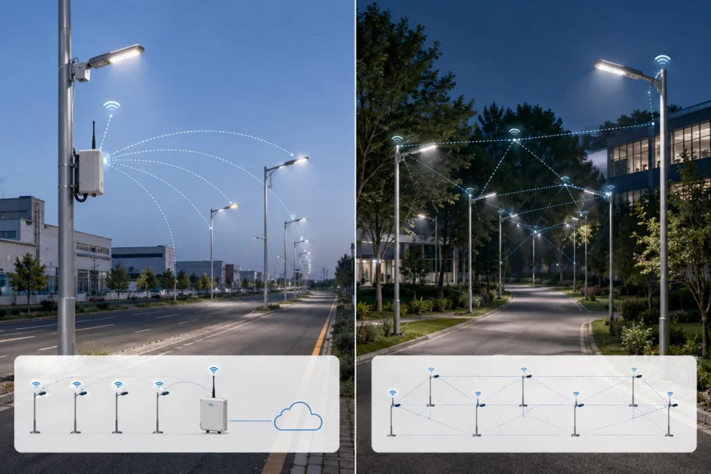 LoRaWAN gateway and Zigbee mesh network comparison for smart street lighting control