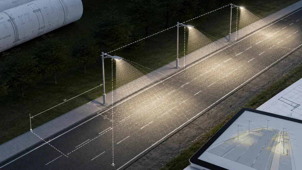 Roadway lighting optic selection based on mounting height road width pole spacing and setback
