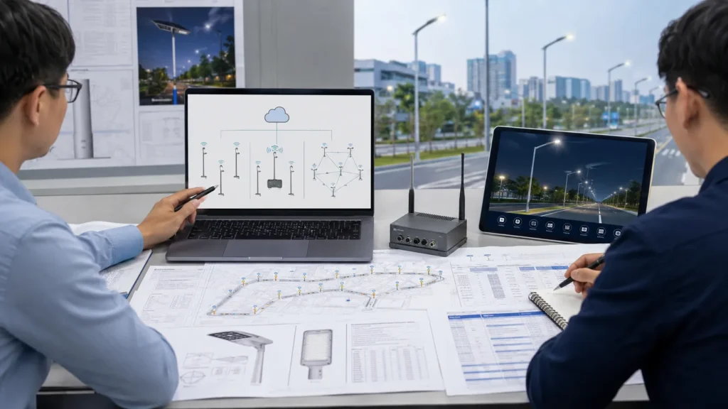 Smart street light control system components including controller gateway communication module platform and wiring
