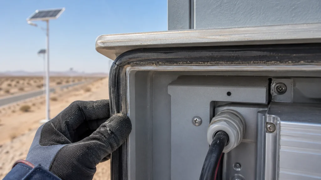 Solar street light service cabinet gasket and cable gland inspection in desert climates