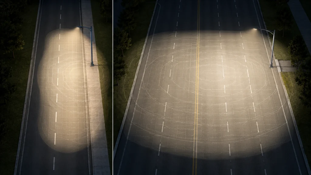 Type II and Type III lateral light distribution for roadway lighting layout