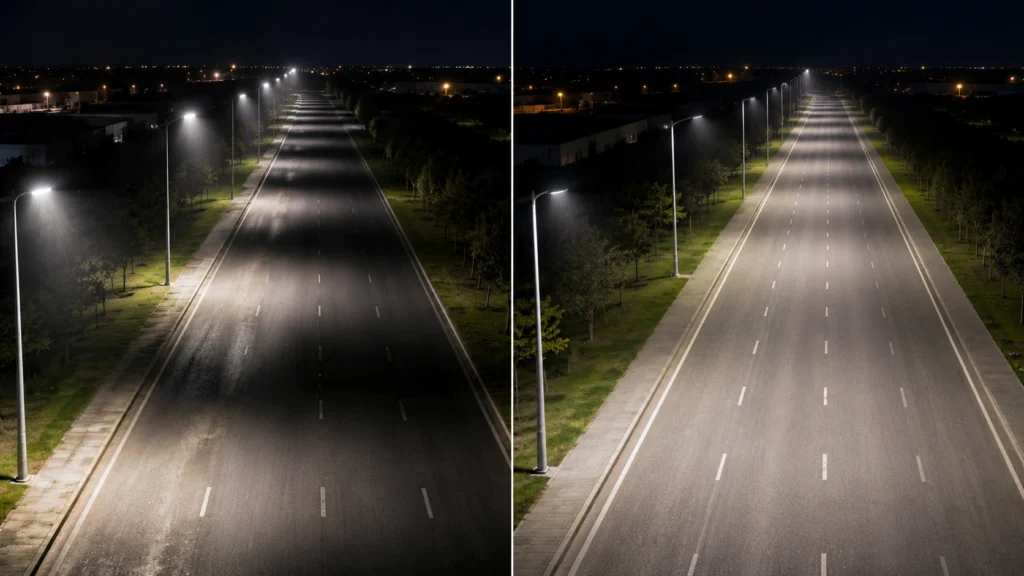 Wrong optic selection risk for roadway lighting uniformity glare and spill light